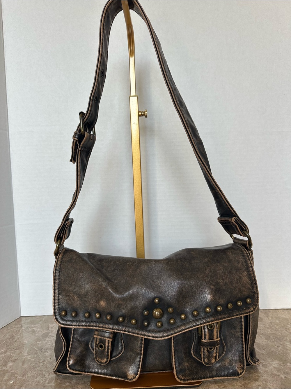 Distressed Brown Vegan Leather Studded Grunge Shoulder Bag Utility Y2K Purse